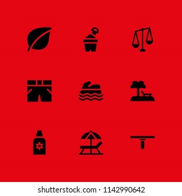 9 beach icon set with sand bucket, beach and sun protection vector illustration for graphic design and web