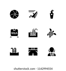 9 beach icon set with swimming pool, massai and umbrella stand vector illustration for graphic design and web