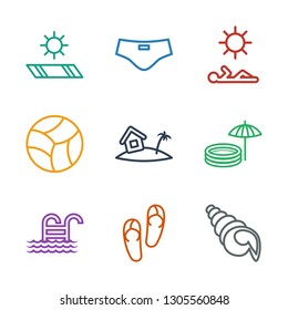 9 beach icons. Trendy beach icons white background. Included outline icons such as shell, flip flops, pool ladder, inflatable pool and umbrella. beach icon for web and mobile.