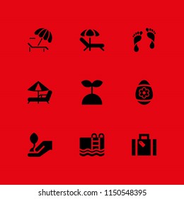 9 beach icons in vector set. holiday, sunbed, tree and holiday suitcase illustration for web and graphic design