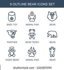 9 bear icons. Trendy bear icons white background. Included outline icons such as baby toy, animal paw, panther, bear teddy, teddy bear. icon for web and mobile.