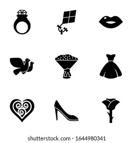 9 Beautiful Filled Icons Set Isolated On White Background. Icons Set With Handmade Jewelry, Hobbie, Kiss, Dove, Bridal Bouquet, Bride Dress, Quilling, Woman Shoes, Rose Icons.