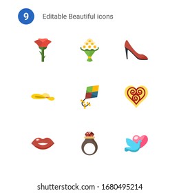 9 Beautiful Flat Icons Set Isolated On . Icons Set With Rose, Bouquet, Woman Shoes, Woman Hat, Hobbie, Quilling, Kiss, Handmade Jewelry, Dove Icons.