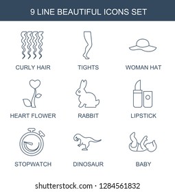 9 beautiful icons. Trendy beautiful icons white background. Included line icons such as curly hair, tights, woman hat, heart flower, rabbit. beautiful icon for web and mobile.