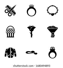 9 beauty filled icons set isolated on white background. Icons set with Hairdressing salon, diamond ring, necklace, flower basket, rose, bridal bouquet, jacket, woman hat icons.
