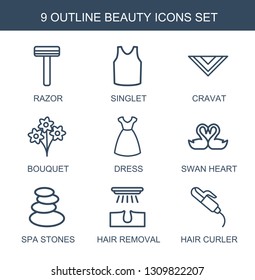 9 beauty icons. Trendy beauty icons white background. Included outline icons such as razor, singlet, cravat, bouquet, dress, swan heart, spa stones. beauty icon for web and mobile.