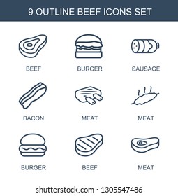9 beef icons. Trendy beef icons white background. Included outline icons such as burger, sausage, bacon, meat. beef icon for web and mobile.
