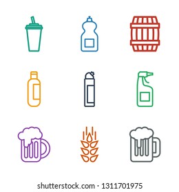 9 beer icons. Trendy beer icons white background. Included outline icons such as wheat, beer mug, cleanser, bottle, barrel, drink. icon for web and mobile.
