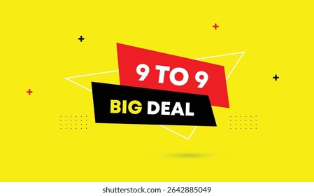 9 to 9 big deal editable web banner vector art template design featuring black red white shapes and yellow abstract background ideal for bold eye catching promotions marketing and advertising
