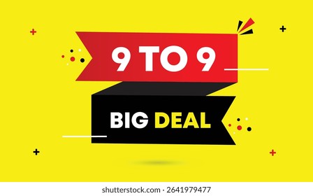 9 to 9 big deal vector web banner template art label icon design with black red gradient shapes and yellow abstract background perfect for eye catching promotional graphics and marketing campaigns