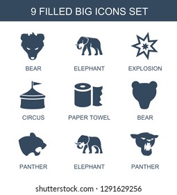 9 big icons. Trendy big icons white background. Included filled icons such as bear, elephant, explosion, circus, paper towel, panther. big icon for web and mobile.