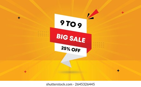 9 to 9 big sale 25 percent off editable web banner vector art template design badge icon label with white red gradient shapes sunshine abstract business background perfect for promotions