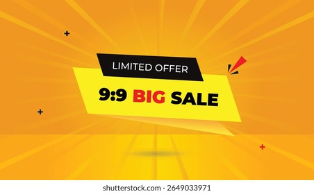 9 to 9 big sale limited offer editable web banner vector art illustration design with yellow black shapes red bold text orange sun shine and abstract elements background perfect for promotions
