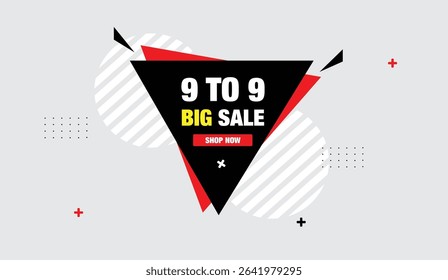 9 to 9 big sale shop now editable web banner template design featuring white red black shapes on light gray background perfect for abstract business promotions and eye-catching marketing campaigns
