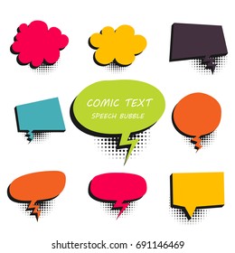 9 Big set picture blank template pop art colored comic text speech bubble halftone dot background. Comics book dialog empty cloud, space cartoon box pop-art.