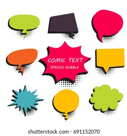 9 Big set picture blank template pop art colored comic text speech bubble halftone dot background. Comics book dialog empty cloud, space cartoon box pop-art. Creative idea conversation explosion