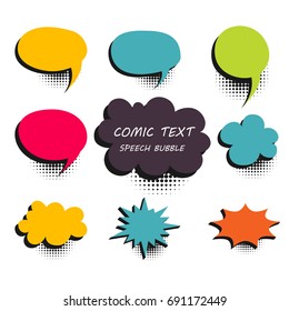 9 Big set picture blank template pop art colored comic text speech bubble halftone dot background. Comics book dialog empty cloud, space cartoon box pop-art.