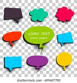 9 Big set picture blank template pop art colored comic text speech bubble halftone dot background. Comics book dialog empty cloud, space cartoon box pop-art. Creative idea conversation explosion
