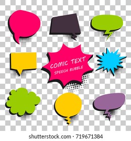 9 Big set picture blank template pop art colored comic text speech bubble halftone dot background. Comics book dialog empty cloud, space cartoon box pop-art. Creative idea conversation explosion
