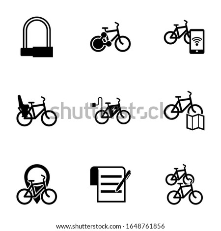 9 bike filled icons set isolated on white background. Icons set with Bike padlock, bike sharing, Smart Child seat, elektro rental map, rental icons.