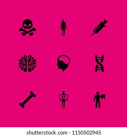 9 biology icons in vector set. skull, human body, brain and brain inside human head illustration for web and graphic design