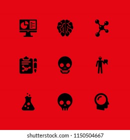 9 biology icons in vector set. flask, human body, brain and atom illustration for web and graphic design