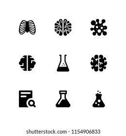 9 biology icons in vector set. research, beaker, lab and brain illustration for web and graphic design
