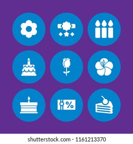 9 birthday icons in vector set. happy birthday, cake, birthday and party and reward illustration for web and graphic design
