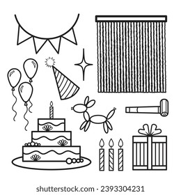 9 birthday themed vector icons set collection with black outlines isolated on white background. Simple flat minimalist cartoon art styled drawing. Festive or carnival themed art.