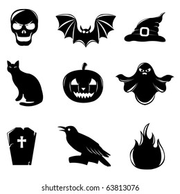 9 Black Halloween Icons, Isolated On White Background, Vector Illustration