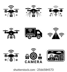 9 black home delivery drone camera icons, ideal for delivery services and tech projects. Scalable EPS format for easy use.