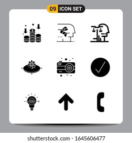 9 Black Icon Pack Glyph Symbole Zeichen für Responsive Designs auf weißem Hintergrund. 9 Symbole Set.