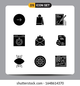 9 Black Icon Pack Glyph Symbole Zeichen für Responsive Designs auf weißem Hintergrund. 9 Symbole Set.