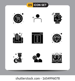 9 Black Icon Pack Glyph Symbols Signs for Responsive designs on white background. 9 Icons Set.