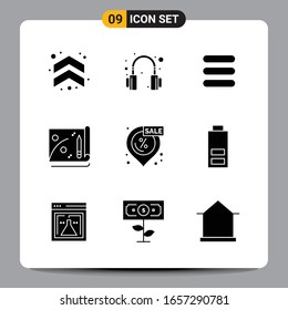 9 Black Icon Pack Glyph Symbols Signs for Responsive designs on white background. 9 Icons Set.