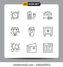 9 Black Icon Pack Outline Symbols Signs for Responsive designs on white background. 9 Icons Set.