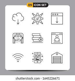9 Black Icon Pack Outline Symbols Signs for Responsive designs on white background. 9 Icons Set.