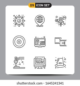 9 Símbolos de esquema del paquete de iconos negros Señales para diseños de fondo blanco. Juego De 9 Iconos.