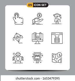 9 Símbolos de esquema del paquete de iconos negros Señales para diseños de fondo blanco. Juego De 9 Iconos.
