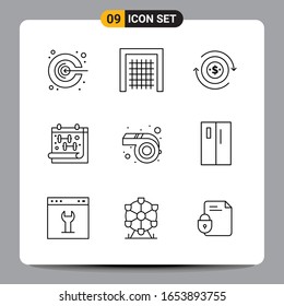 9 Black Icon Pack Outline Symbols Signs for Responsive designs on white background. 9 Icons Set.