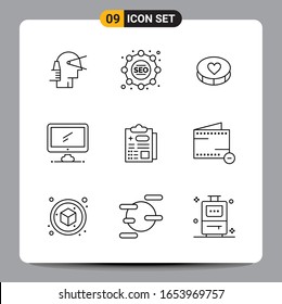 9 Black Icon Pack Outline Symbols Signs for Responsive designs on white background. 9 Icons Set.
