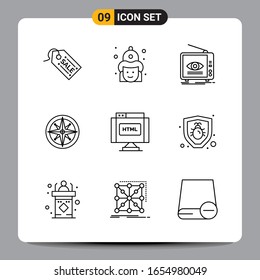 9 Black Icon Pack Outline Symbols Signs for Responsive designs on white background. 9 Icons Set.