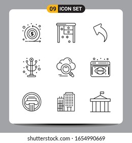 9 Símbolos de esquema del paquete de iconos negros Señales para diseños de fondo blanco. Juego De 9 Iconos.