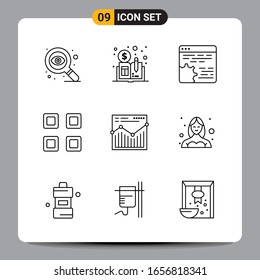9 Black Icon Pack Outline Symbols Signs for Responsive designs on white background. 9 Icons Set.