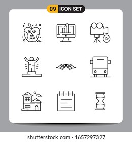 9 Black Icon Pack Outline Symbols Signs for Responsive designs on white background. 9 Icons Set.