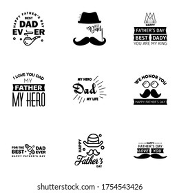 9 Black Set of Vector Happy fathers day. Typography Vintage Icons. Lettering for greeting cards. banners. t-shirt design. Fathers Day.  Editable Vector Design Elements