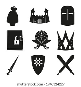 9 black and white fairy tale elements. Historical festival props. Fairytale theme vector illustration for icon, stamp, label, certificate, gift card, invitation, coupon or banner decoration