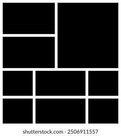 9 black and white photo collage moodboard template with rectangle shape, picture frame for family wall album.