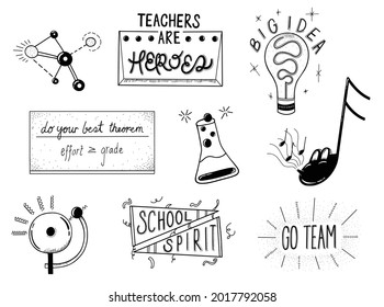 9 black and white vector icon set, each icon is isolated, flat design, cartoon doodles back to school, lightning bulb, molecule, beaker, music note, go team, school spirit, bell, teachers are heroes