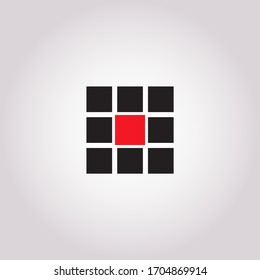 9 blank square icon set. Black squares on grey background with a red one in the middle. Internet design element. Vector illustration  